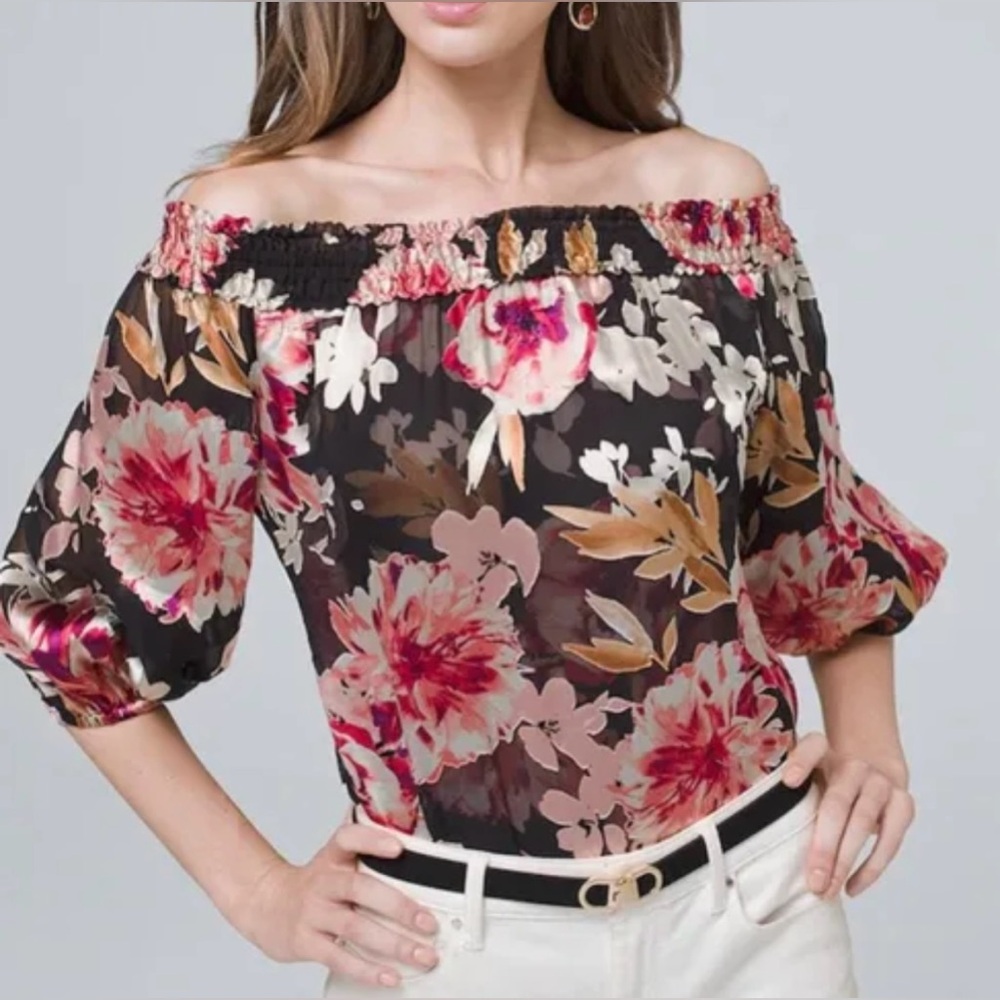 White House Black Market silk burnout blouse in black pink multi size XS